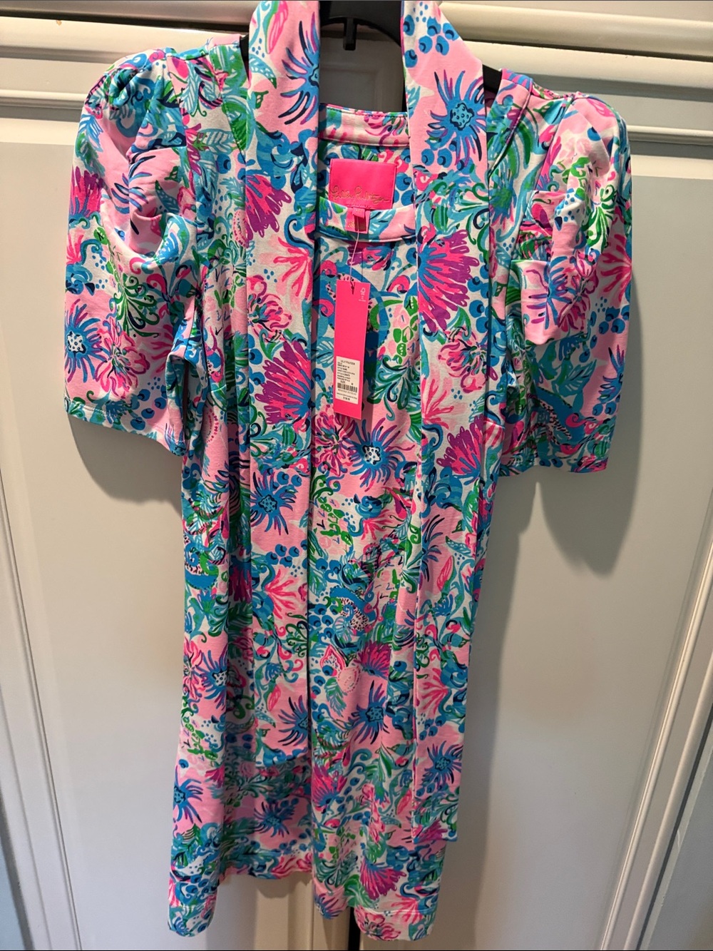 Women's nwt Lilly Pulitzer Pink Floral Puff-Sleeve Dress with Blue & Green